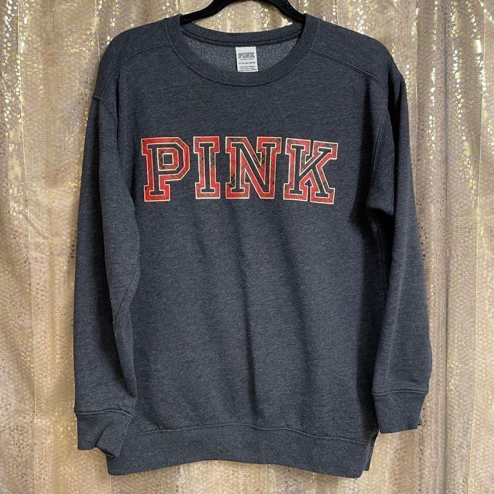 PINK Victorias‎ Secret Dark Heather Gray Red Holiday Logo Crewneck Sweater XS